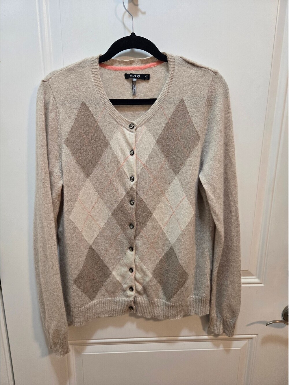 Apt 9 100% Cashmere Argyle Plaid Button Front Cardigan Sweater Women's Size XL